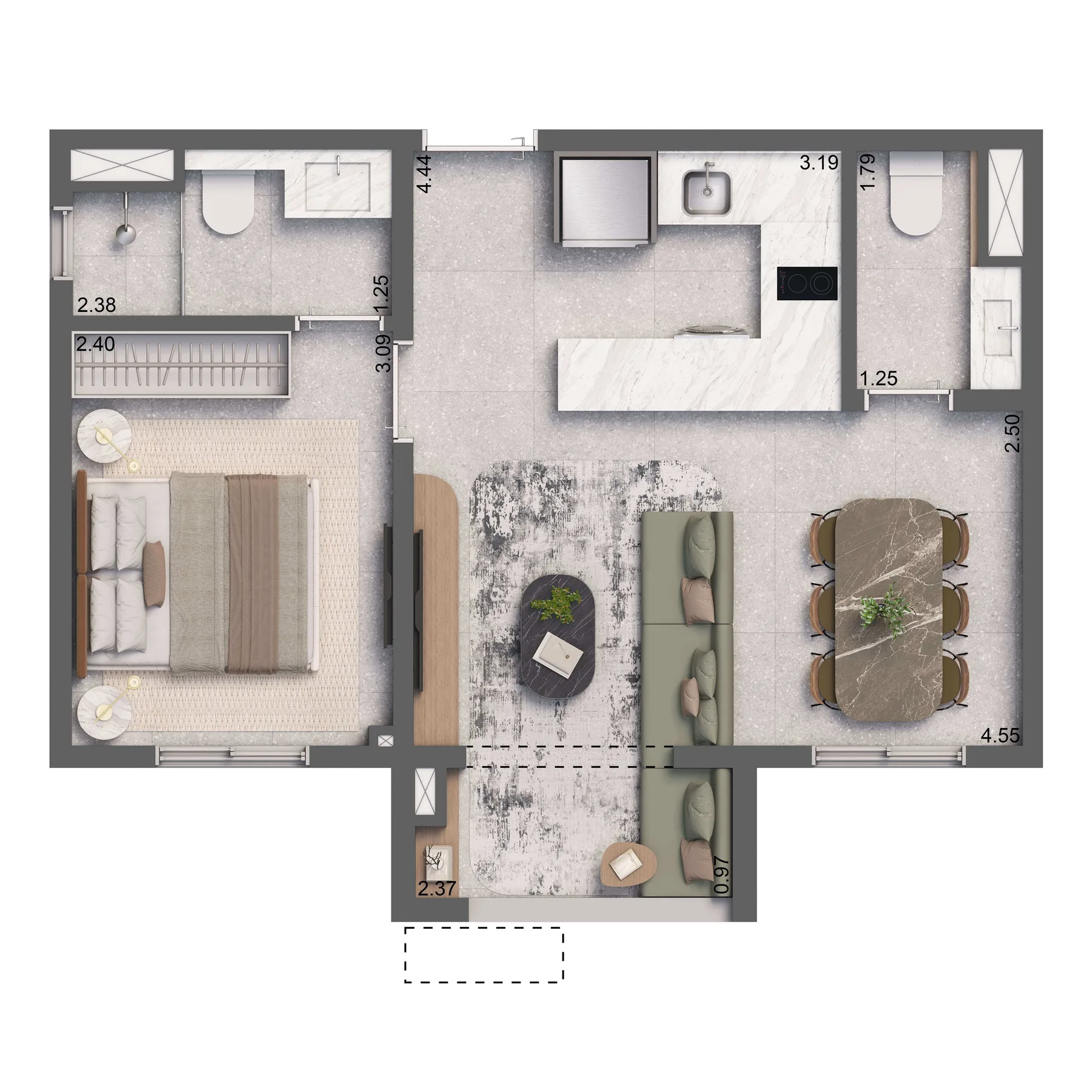 Planta do Living Full Eldorado em Pinheiros — 1 dormitório, 37 m² (opção)