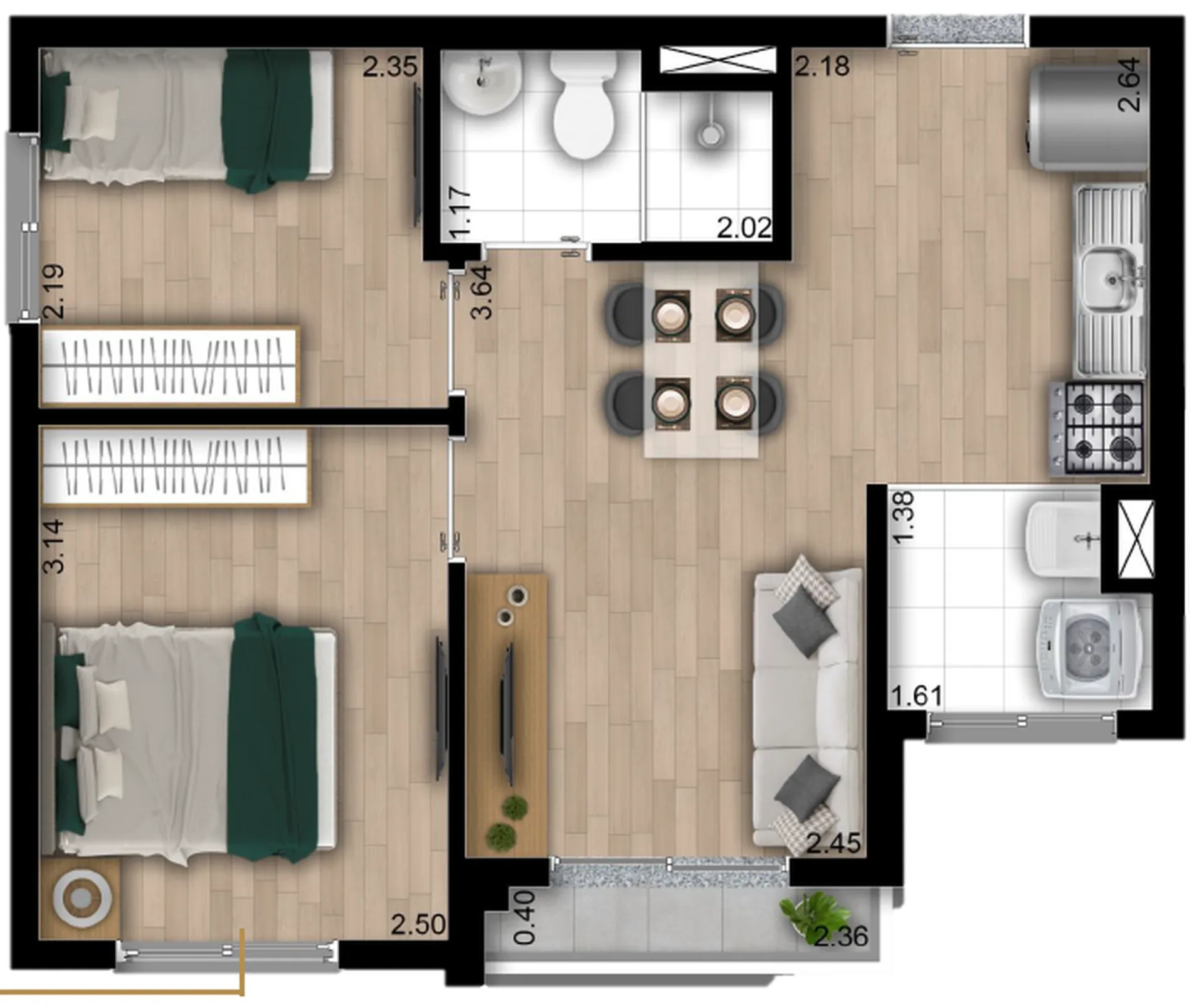 Planta do Lumi Spark em Vila Madalena — 2 dormitórios, 39 m²