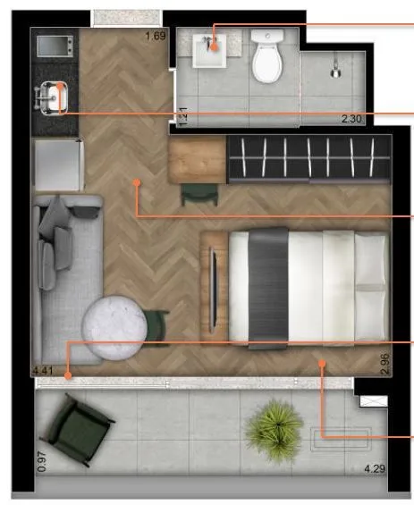 Planta do Maceió 88 by You em Higienópolis — studio de 22,28 m²