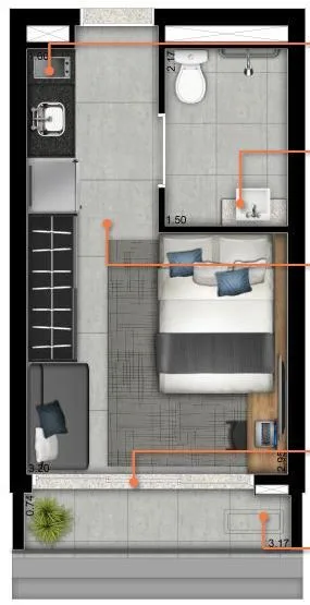 Planta do Maceió 88 by You em Higienópolis — 1 dormitório – 22,88 m² Studio