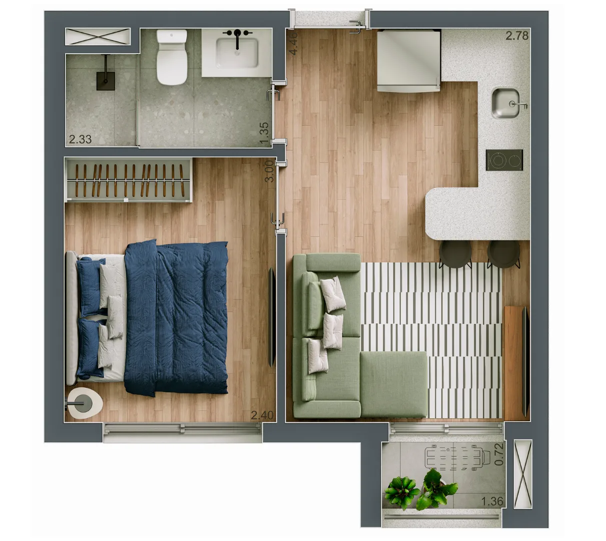 Planta do Maison Diogo Premium Studios em Vila Clementino — 1 dormitório, 28 m²
