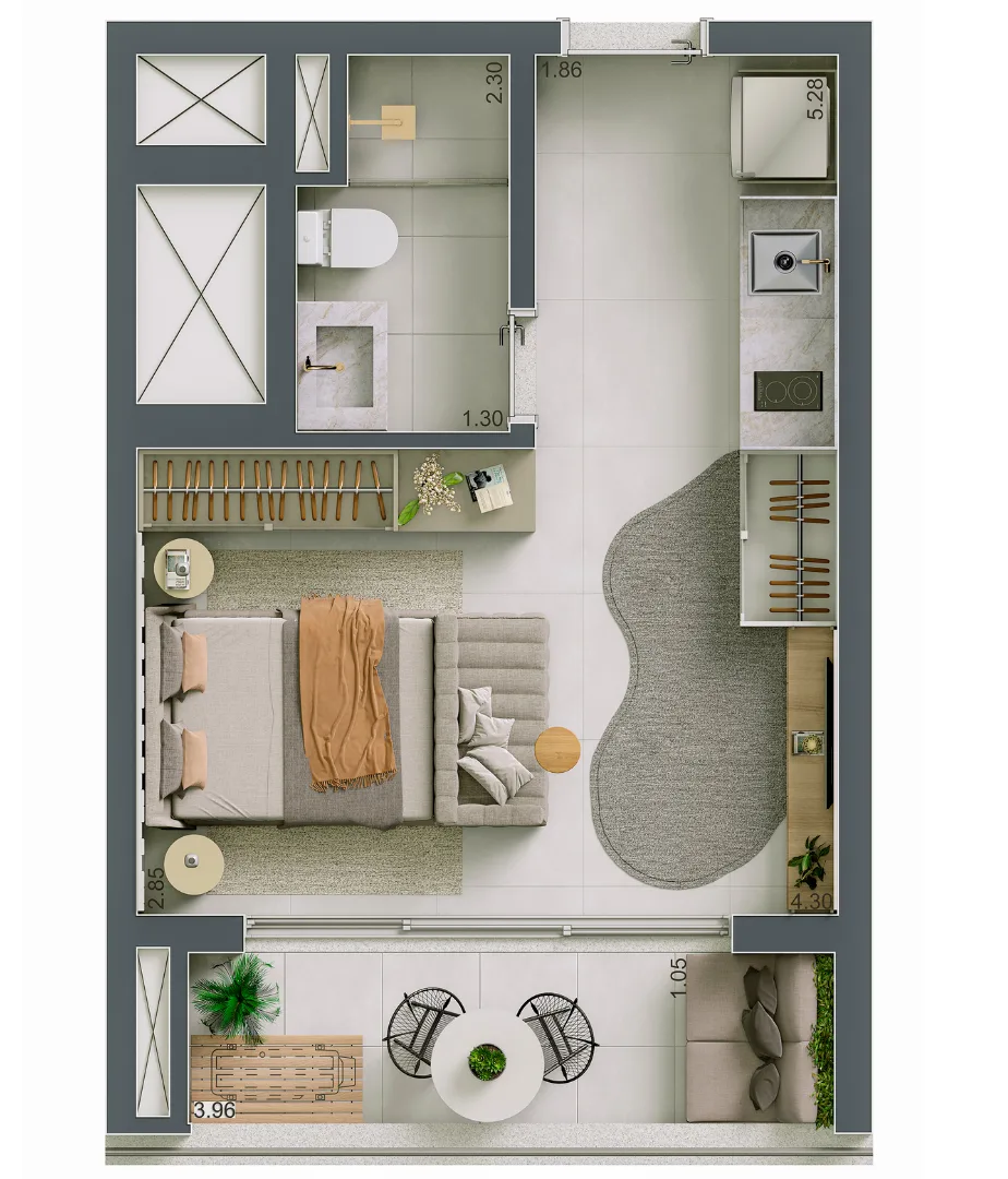 Planta do Maison Diogo Premium Studios em Vila Clementino — studio de 29 m²
