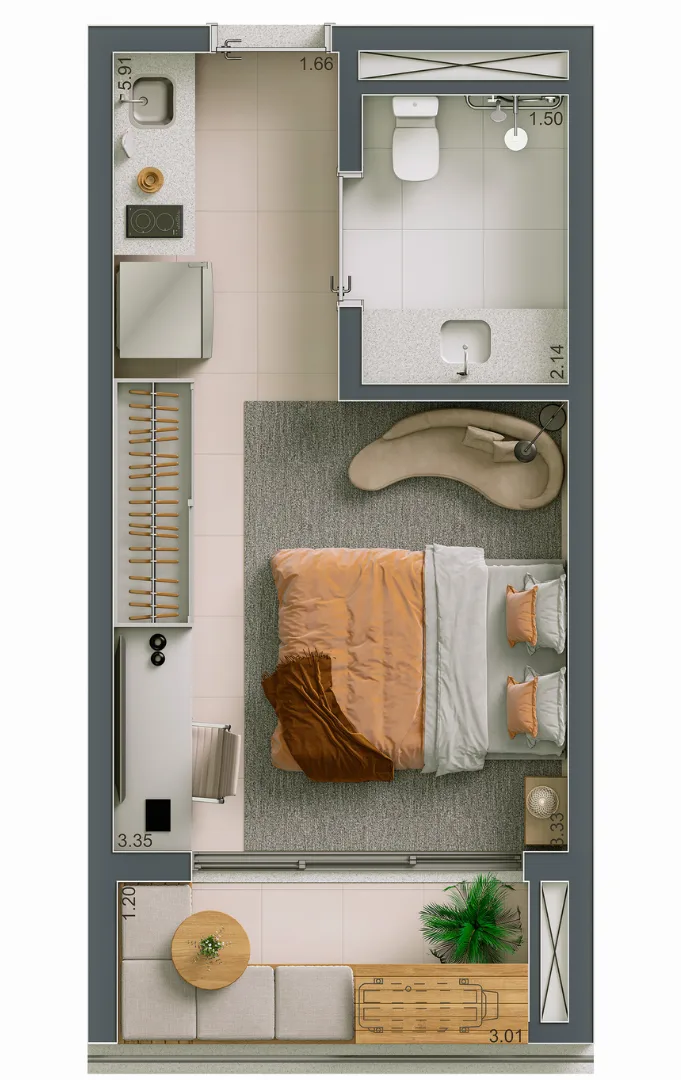 Planta do Maison Diogo Premium Studios em Vila Clementino — 1 dormitório – 27,07 m² Studio