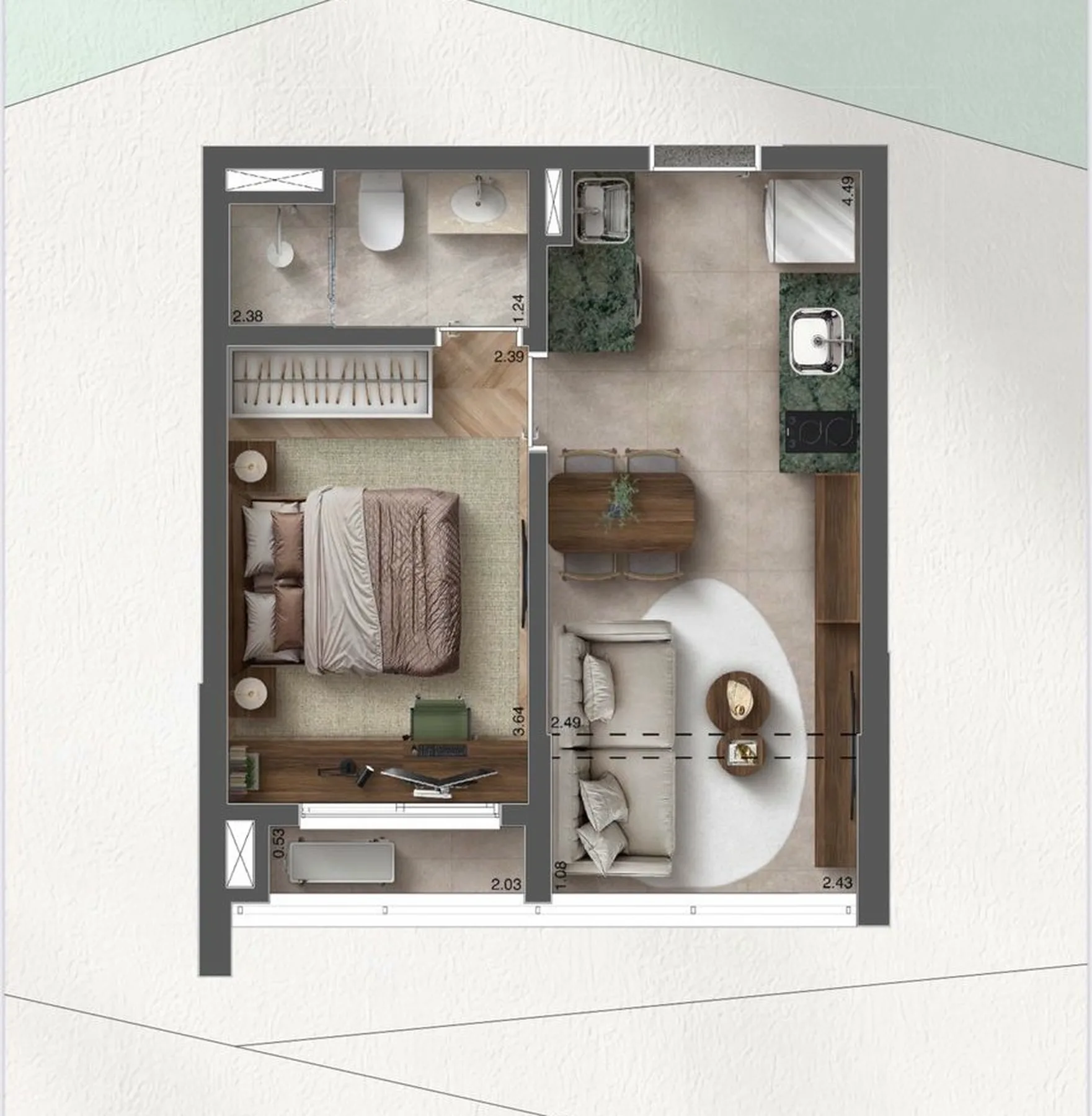 Planta do Maracá Conceição em Conceição — 1 dormitório, 31 m²