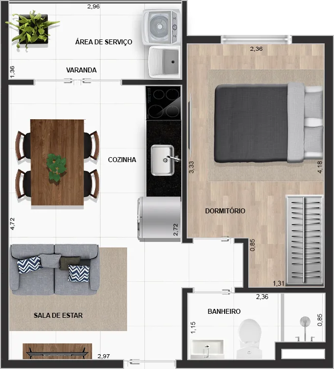 Planta do Maximus em Penha — 1 dormitório, 34 m²