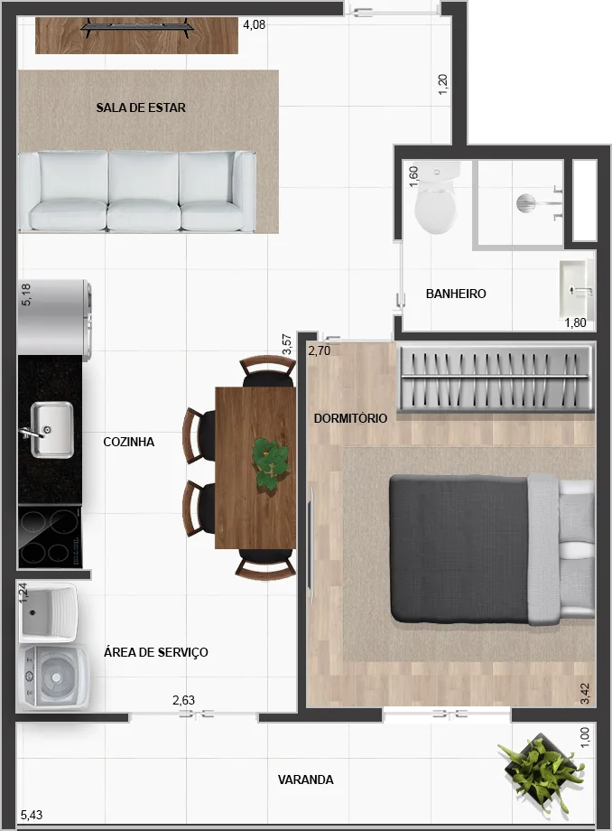 Planta do Maximus em Penha — 1 dormitório, 42 m²