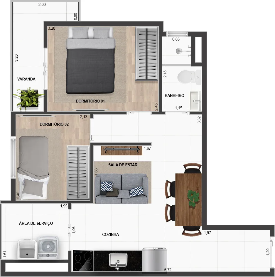 Planta do Maximus em Penha — 2 dormitórios, 44 m²