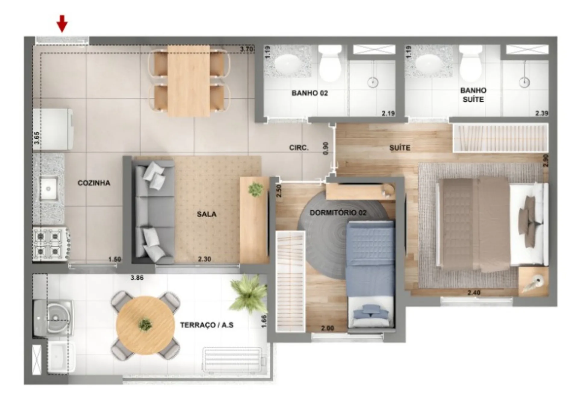 Planta do Mérito Ipiranga Fase 1 em Ipiranga — 2 dormitórios, 45 m²