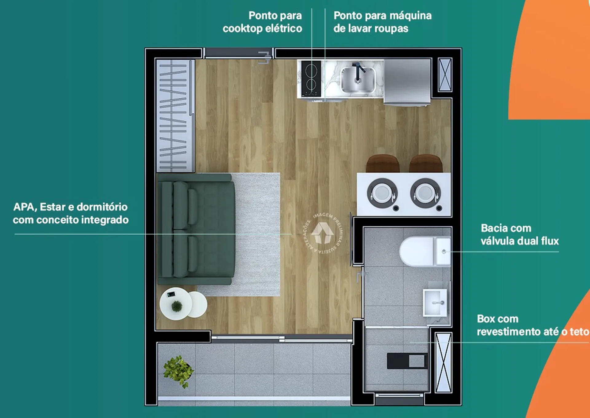 Planta do Metrocasa Parque Independência em Vila Monumento — 1 dormitório – 18 m² Studio
