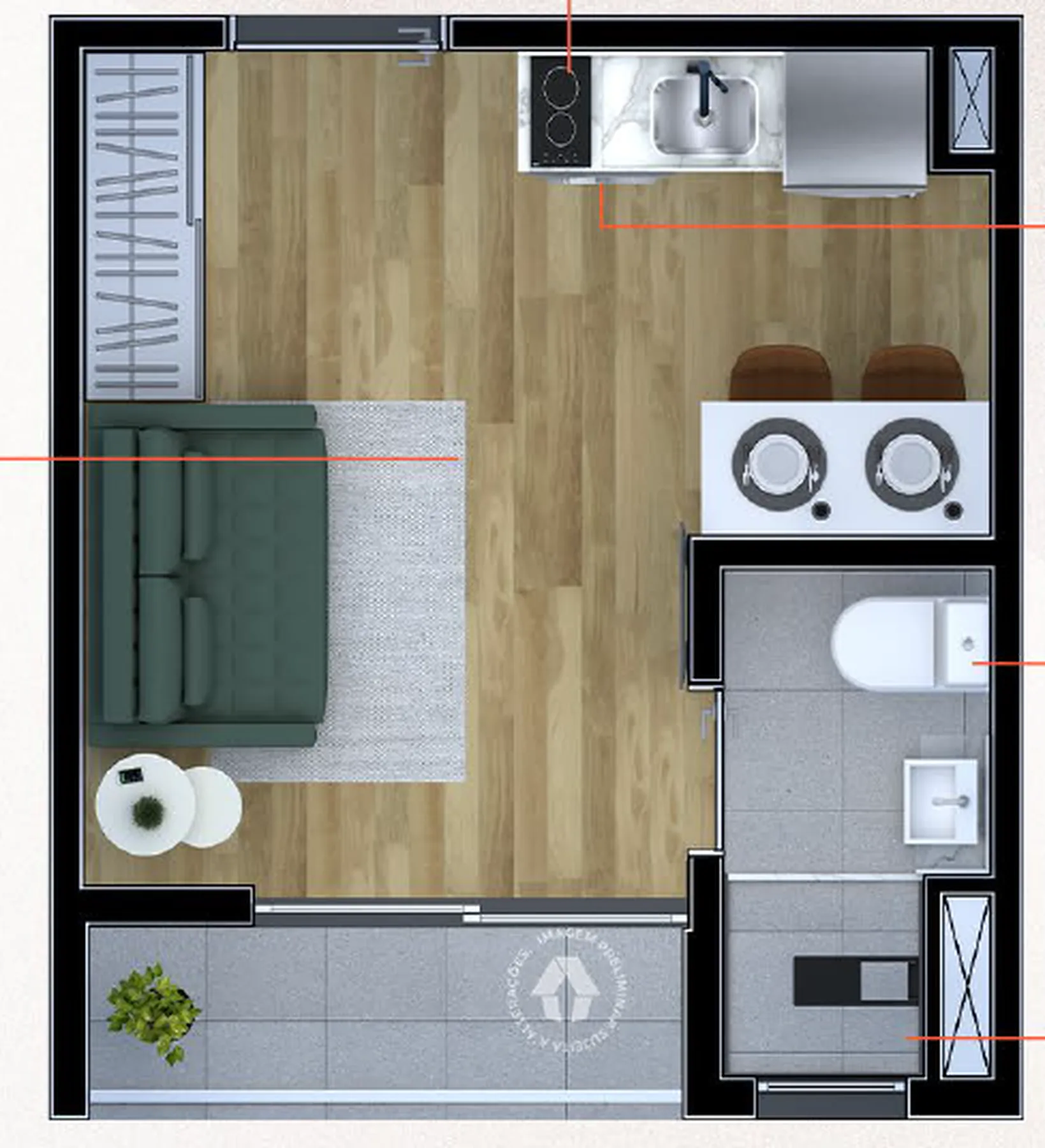 Planta do Metrocasa Prime Vila Ema - Fase 1 em Vila Ema — studio de 18 m²