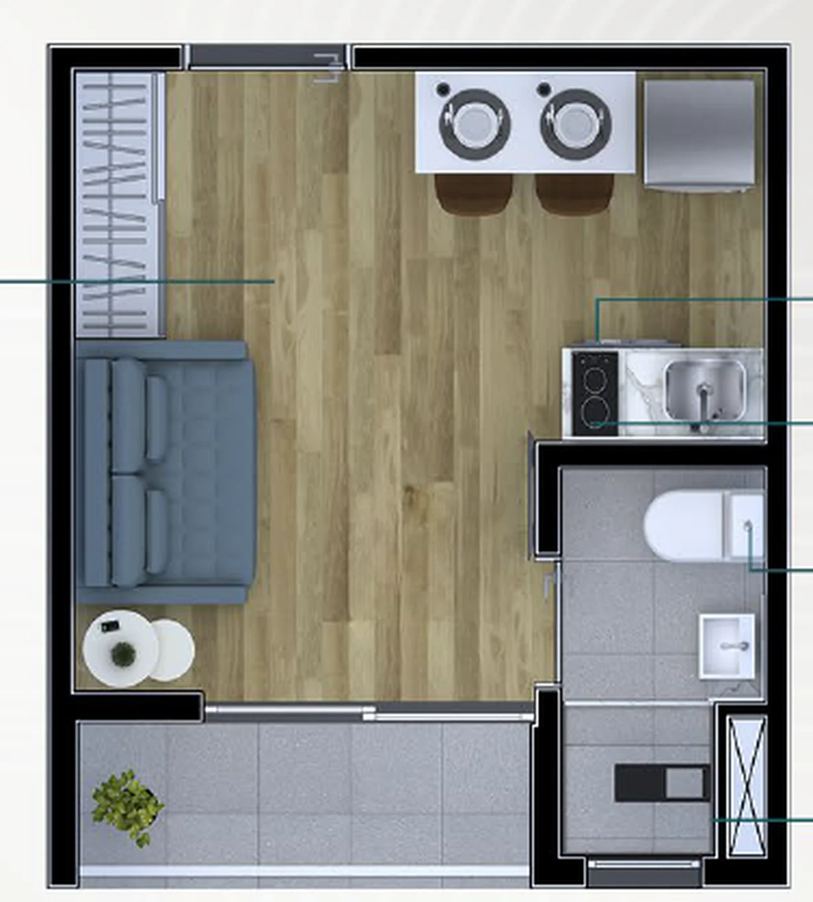 Planta do studio de 18 m² do Metrocasa Viva Itaquera