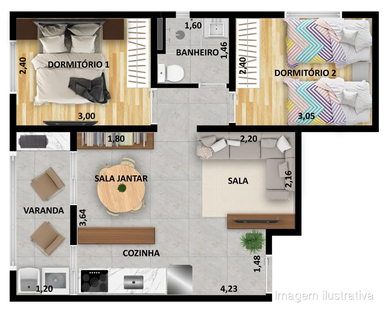 Planta do Mirante da Vila em Vila Ré — 2 dormitórios, 44,62 m²