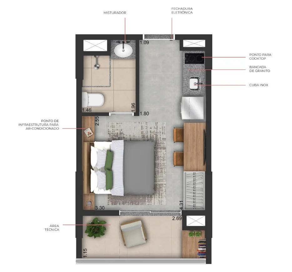 Planta do MOD Pinheiros em Pinheiros — 1 dormitório – 21 m² Studio