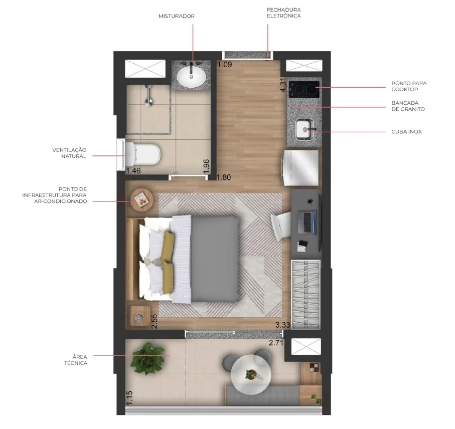 Planta do MOD Pinheiros em Pinheiros — 1 dormitório – 21 m² Studio