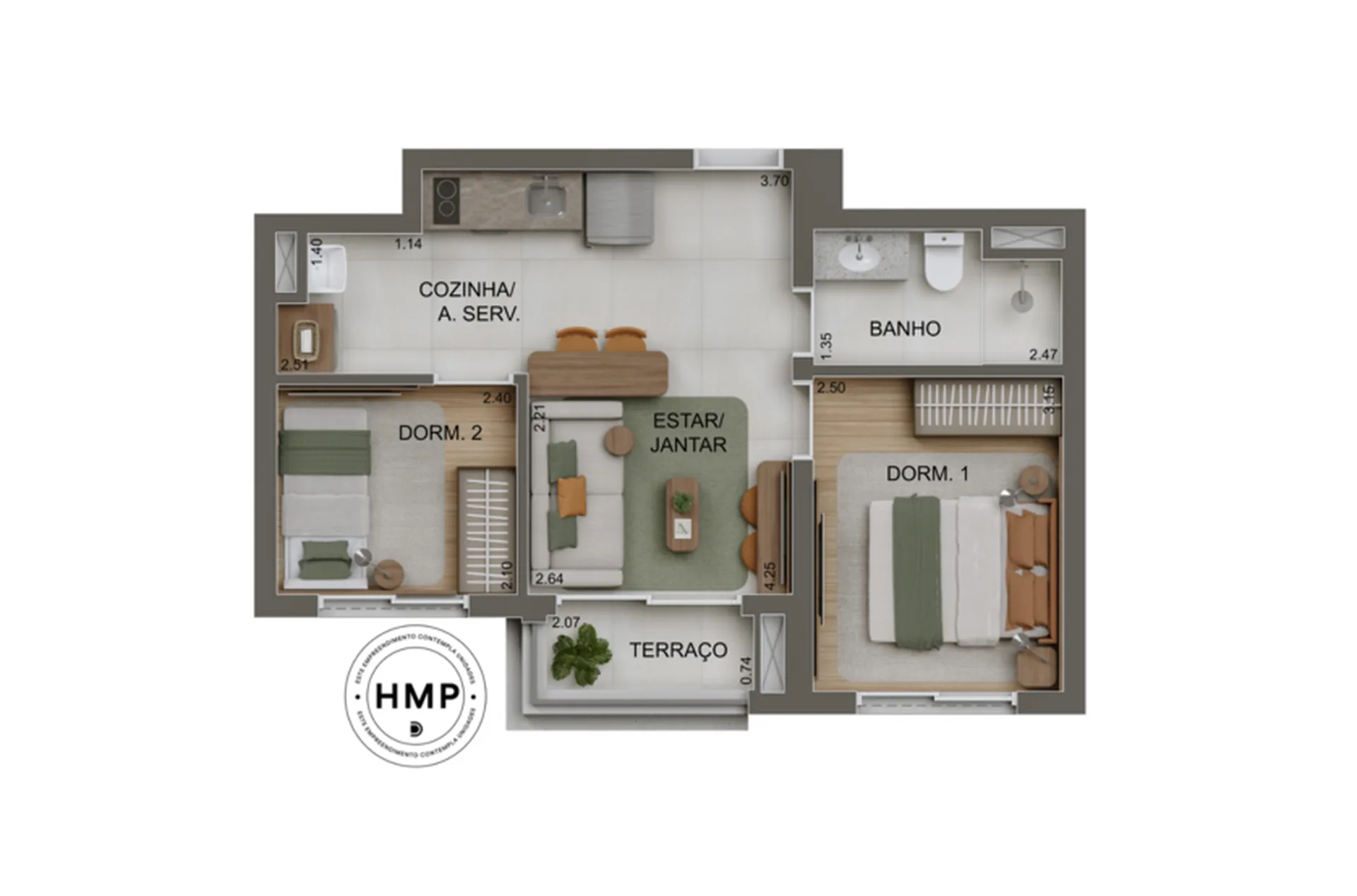 Planta do Monã Anália Franco Station em Jardim Anália Franco — 2 dormitórios, 44 m²