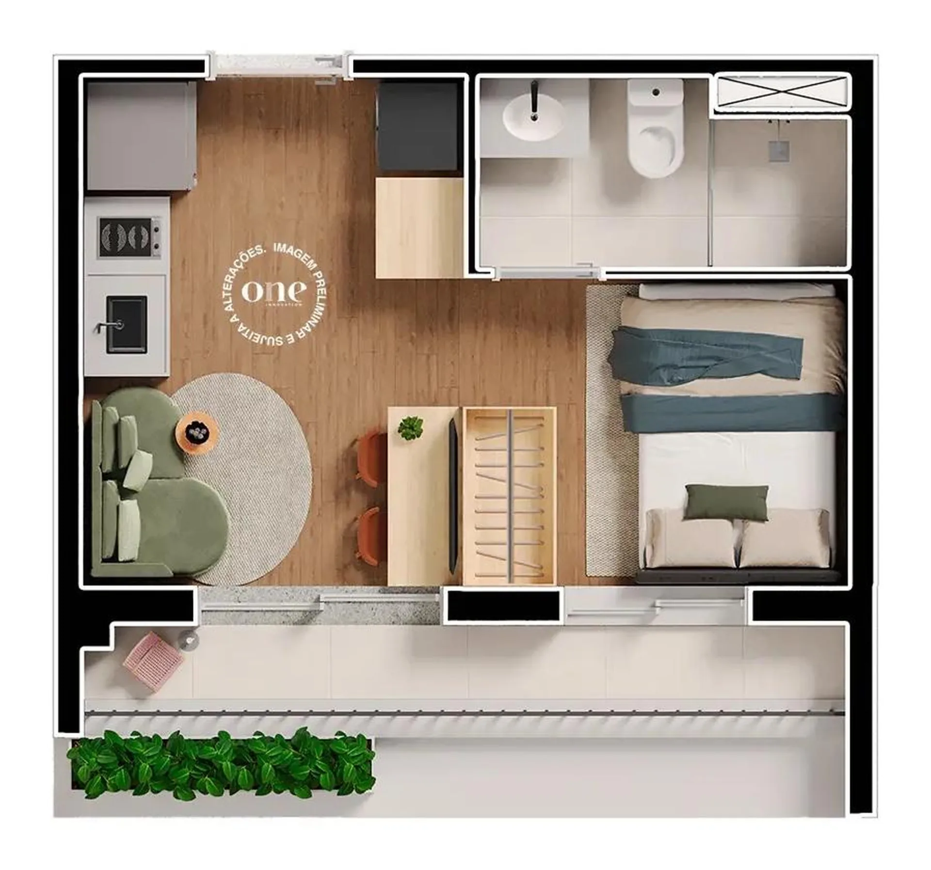 Planta do Nex One Caiubi em Perdizes — studio de 23 m²