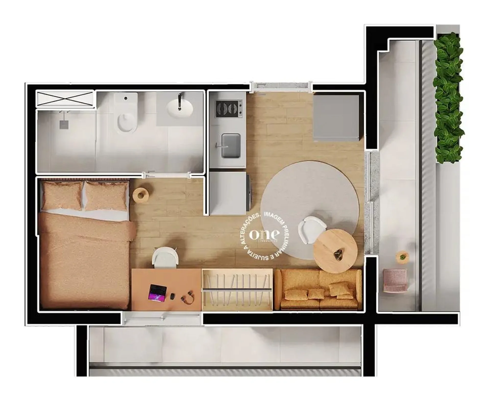 Planta do Nex One Caiubi em Perdizes — studio de 24 m²