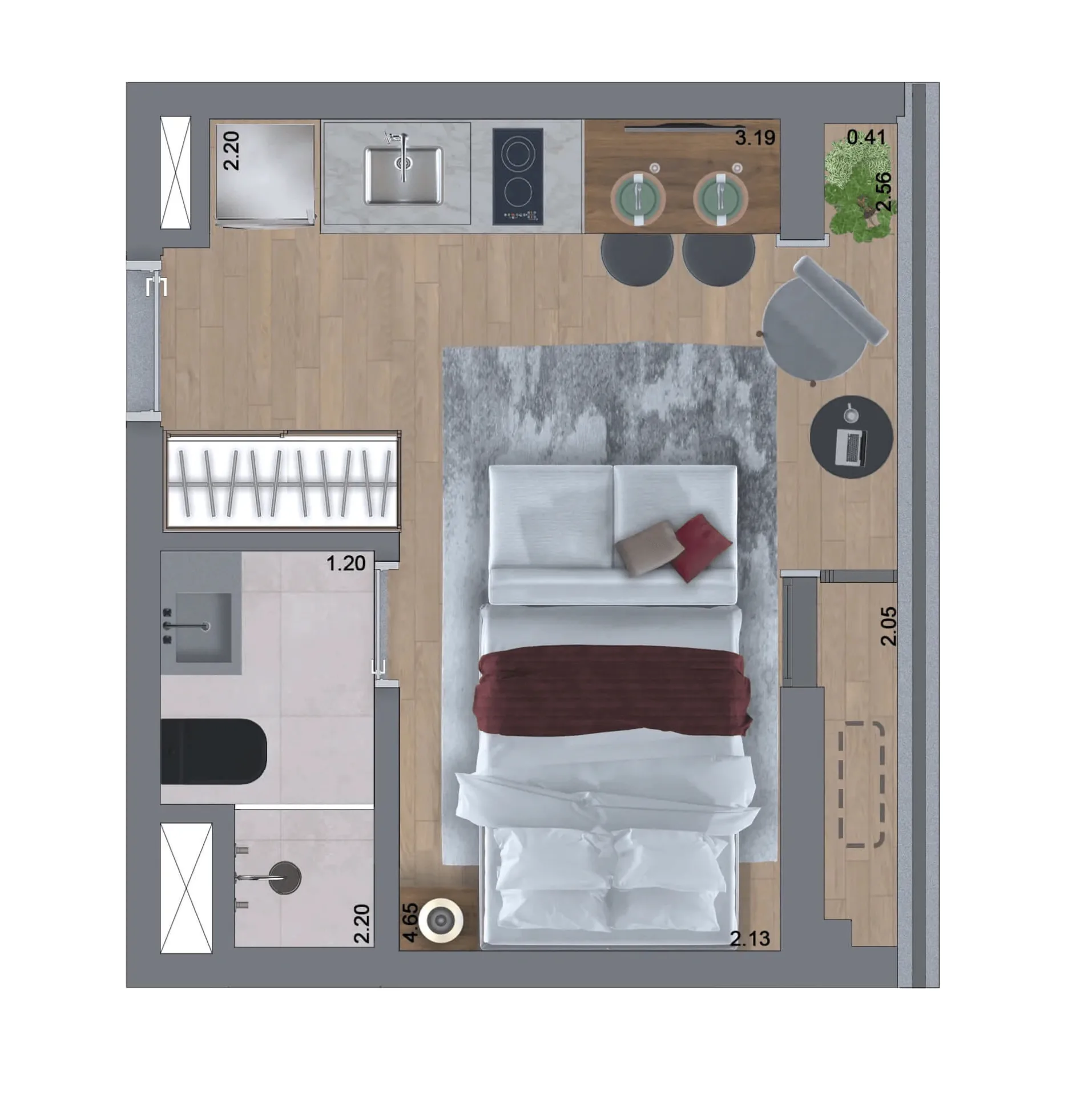 Planta do Nik Sunset Paulista em Bela Vista — studio de 21 m²