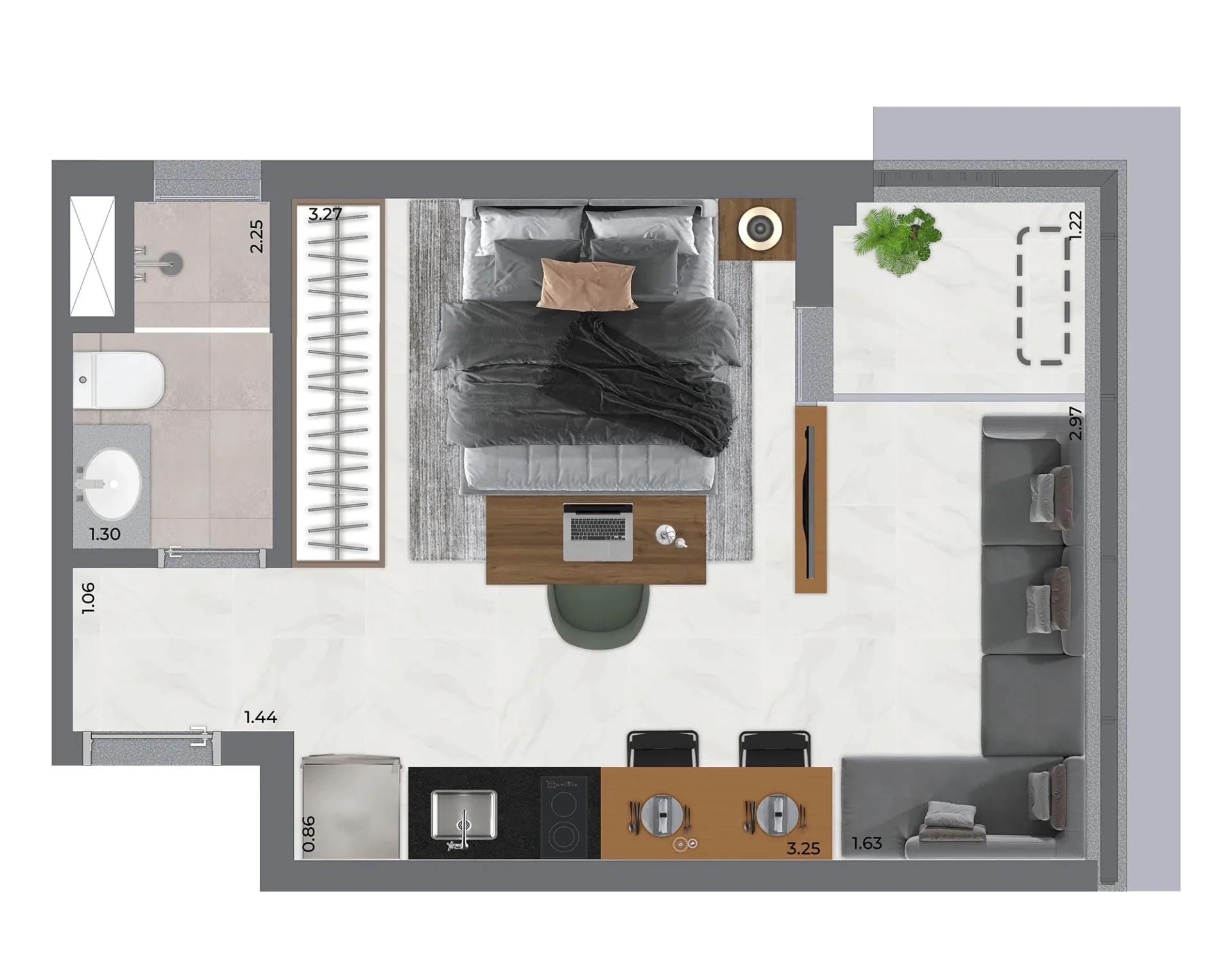 Planta do Nik Sunset Paulista em Bela Vista — 1 dormitório – 32 m² Studio