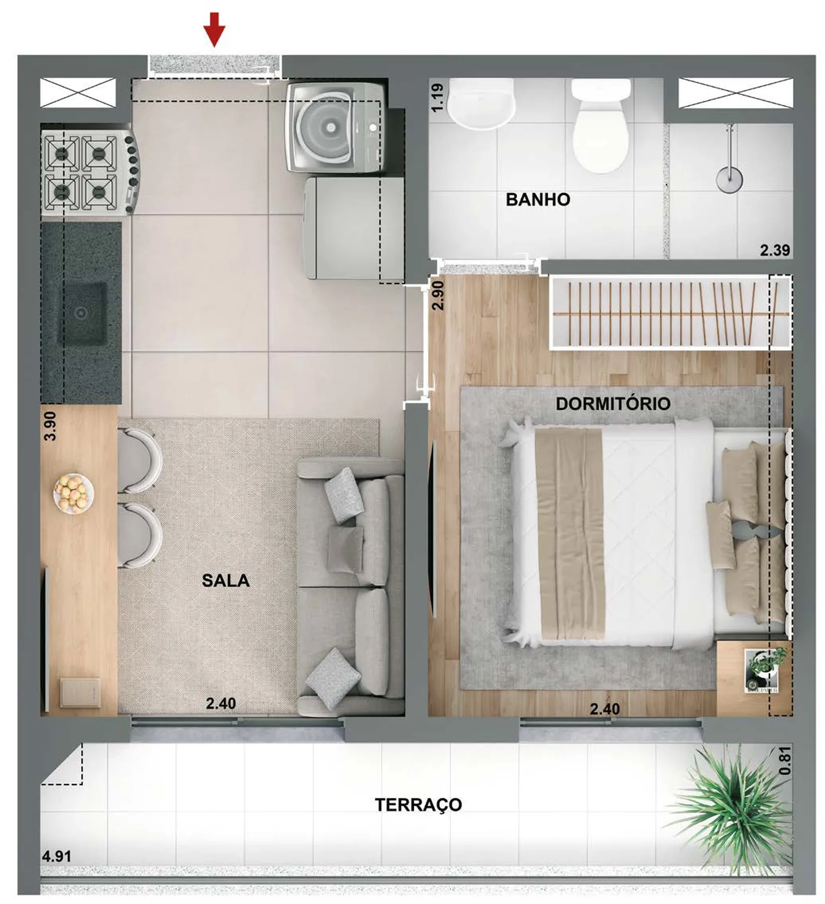 Planta do Novo Mundo Carrão II – Fase 1 em Vila Carrão — 1 dormitório, 27,89 m²