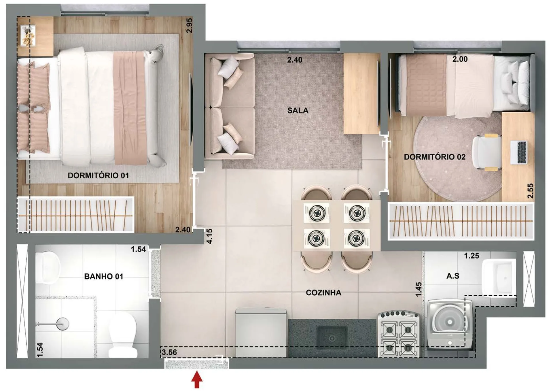 Planta do Novo Mundo Carrão II – Fase 1 em Vila Carrão — 2 dormitórios, 32,62 m²