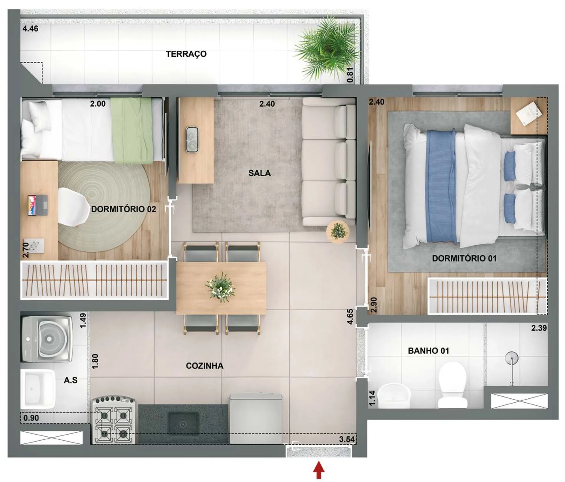 Planta do Novo Mundo Carrão II – Fase 1 em Vila Carrão — 2 dormitórios, 38,95 m²