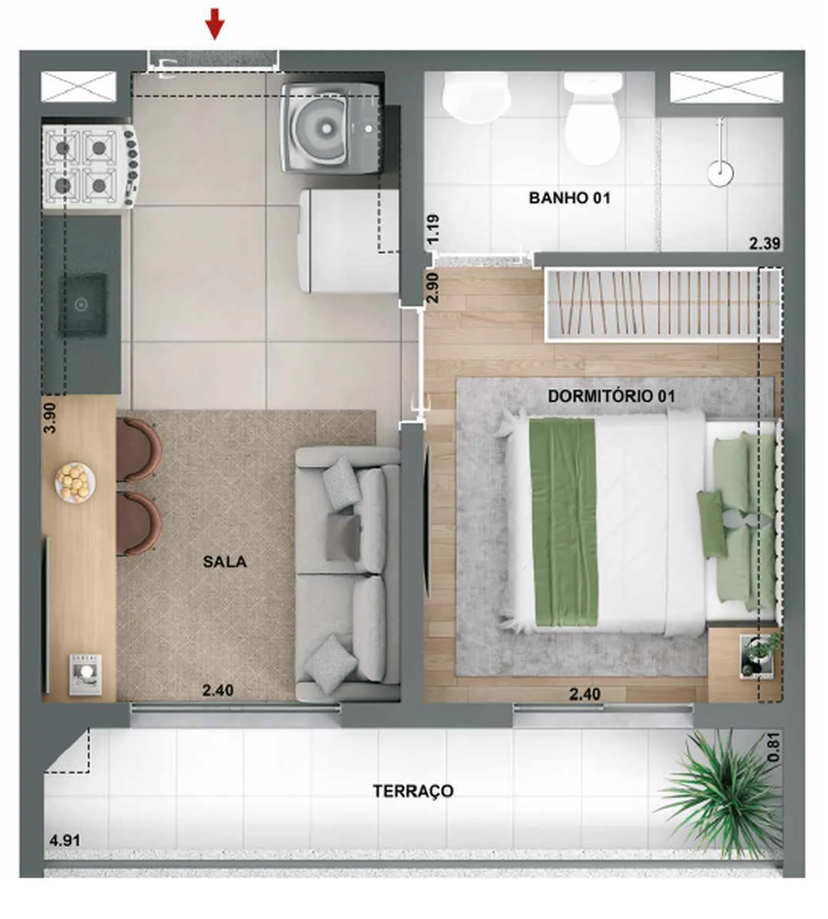 Planta do Novo Mundo Carrão em Vila Carrão — 1 dormitório, 27,89 m²