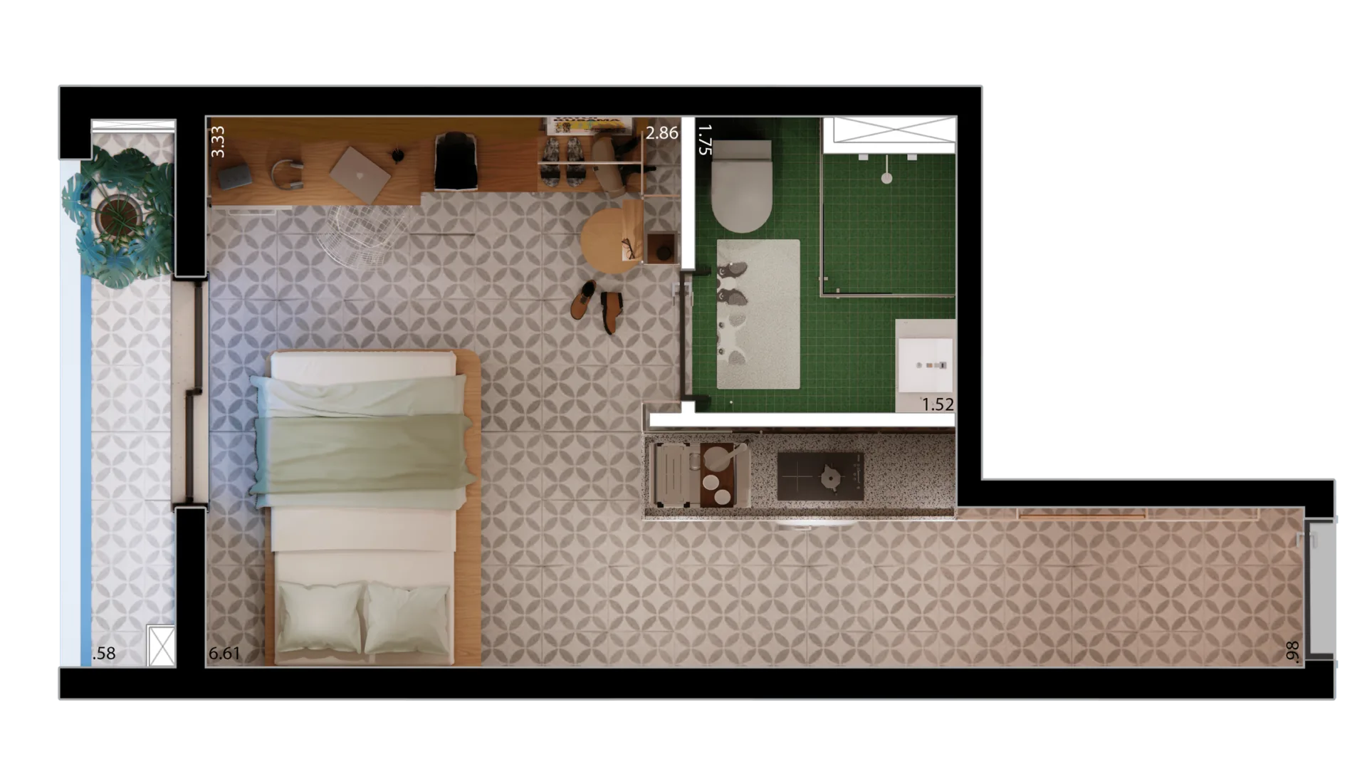 Planta do Nurban Rua das Palmeiras em Santa Cecília — 1 dormitório – 21,8 m² Studio