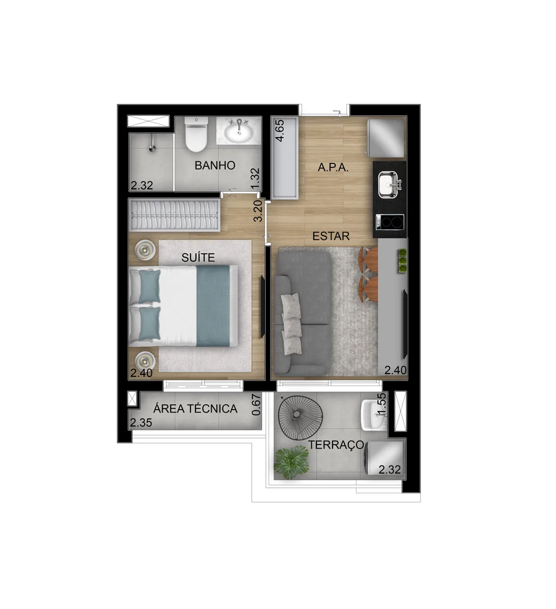 Planta do Oásis Condomínio Clube em Vila Guilhermina — 1 dormitório, 32 m²