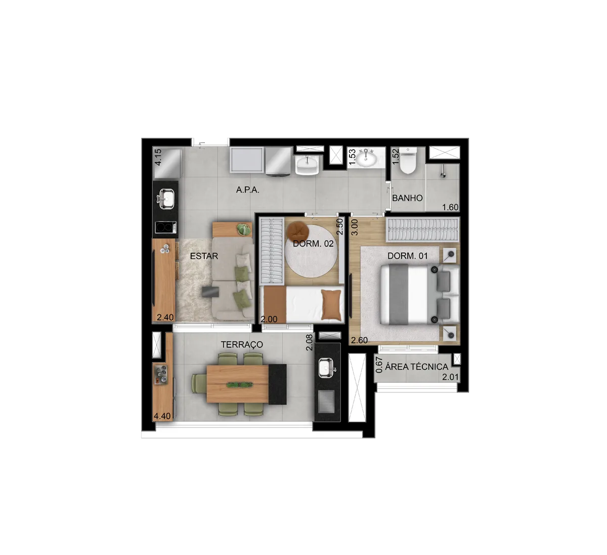 Planta do Oásis Condomínio Clube em Vila Guilhermina — 2 dormitórios, 48 m²