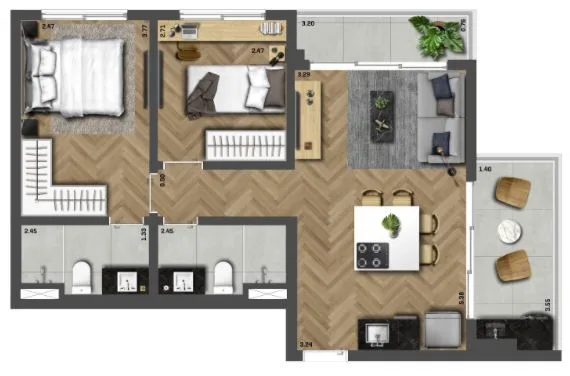 Planta do ON Jurupis em Moema — 2 dormitórios, 60,39 m²