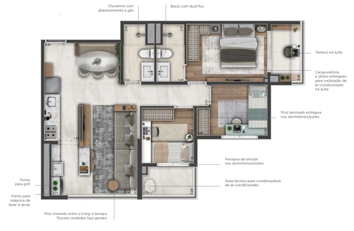 Planta do Origem Guilhermina em Vila Guilhermina — 3 dormitórios, 69 m²