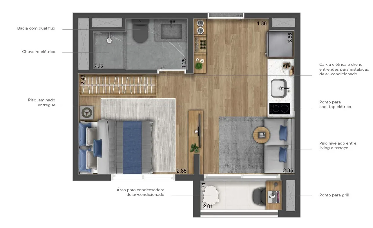 Planta do Origem Guilhermina Studios em Vila Guilhermina — studio de 24 m²