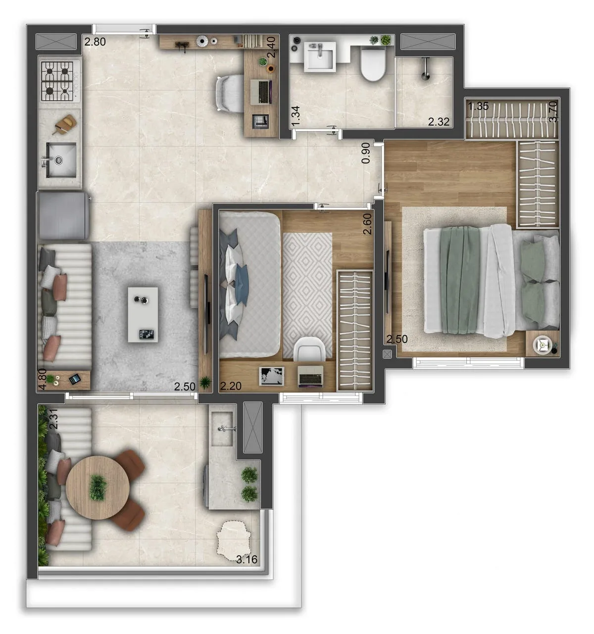 Planta do Origem Penha em Penha — 2 dormitórios, 46 m²