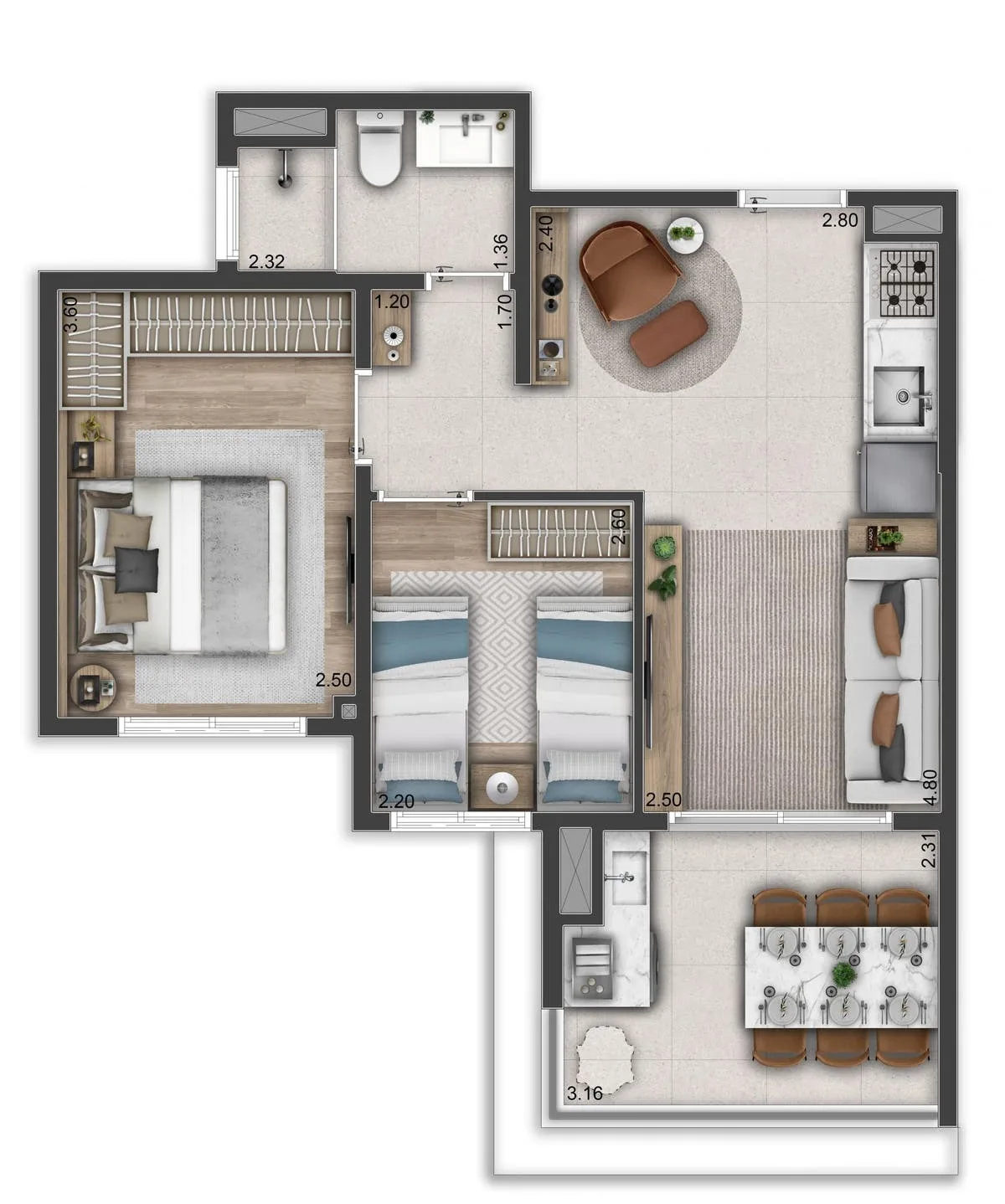 Planta do Origem Penha em Penha — 2 dormitórios, 48 m²