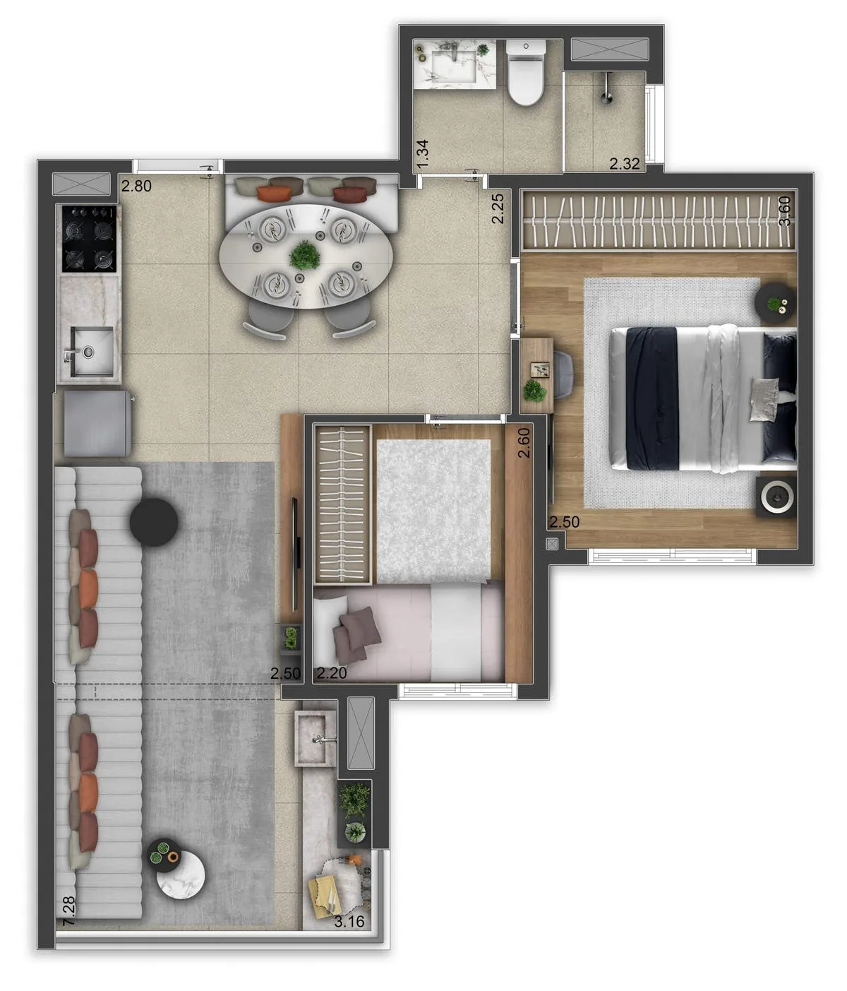 Planta do Origem Penha em Penha — 2 dormitórios, 49 m²