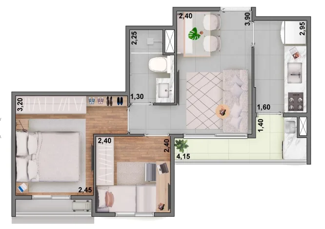 Planta do Panorama Olivetanos em Vila Matilde — 2 dormitórios, 46 m²
