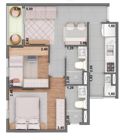 Planta do Panorama Olivetanos em Vila Matilde — 2 dormitórios, 49 m²