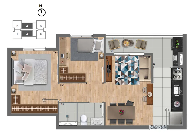 Planta do Panorama Patriarca em Cidade Patriarca — 2 dormitórios, 44 m²