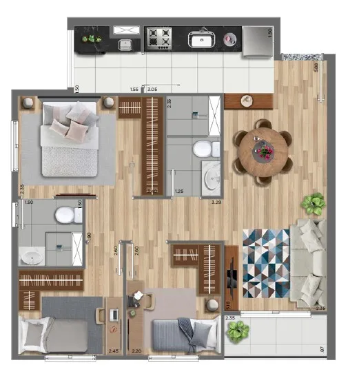 Planta do Panorama Patriarca em Cidade Patriarca — 3 dormitórios, 57 m²