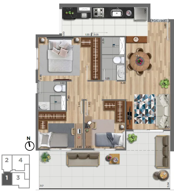 Planta do Panorama Patriarca em Cidade Patriarca — 3 dormitórios, 74 m²