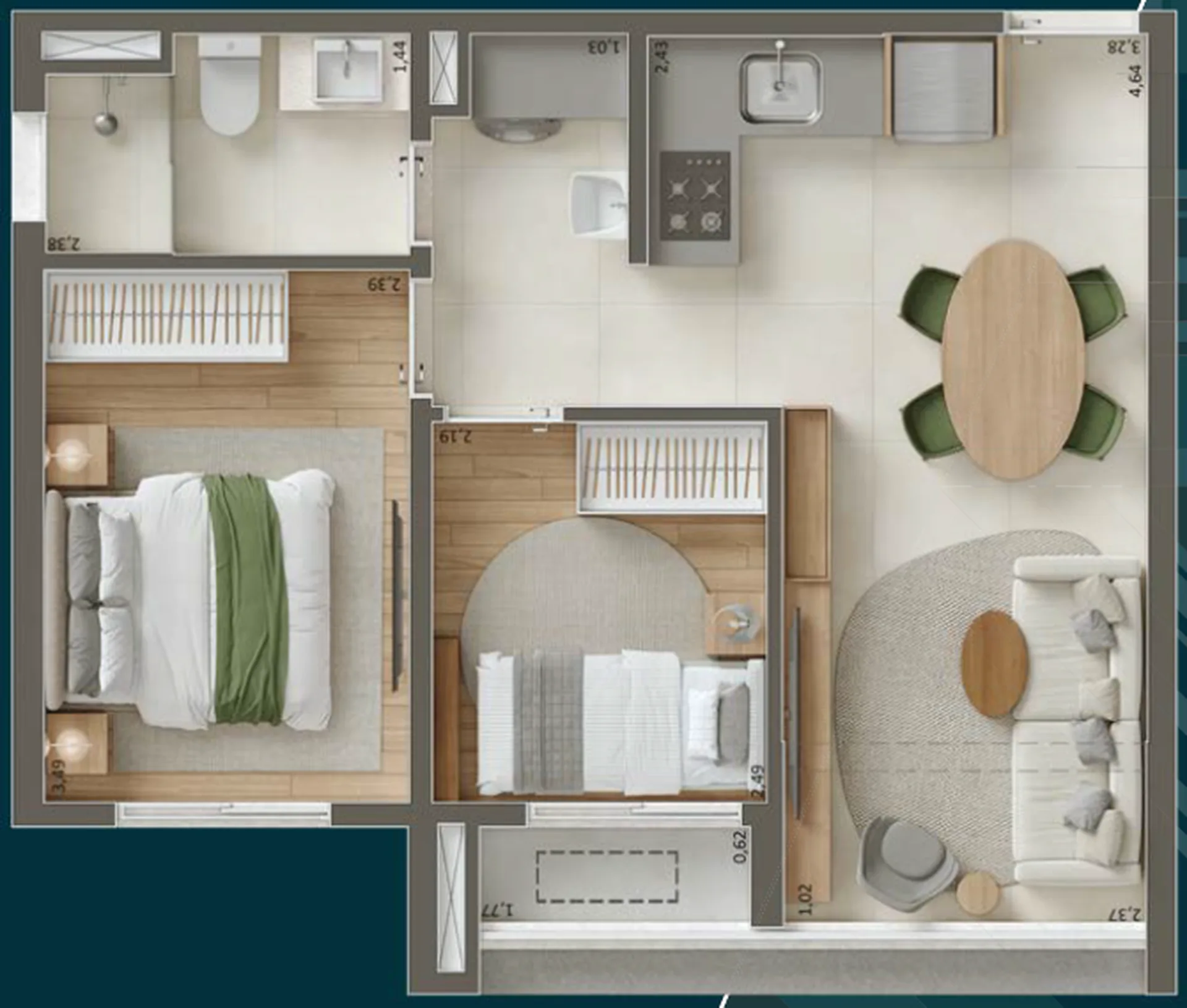 Planta do Pátio Penha em Penha — 2 dormitórios, 43 m²