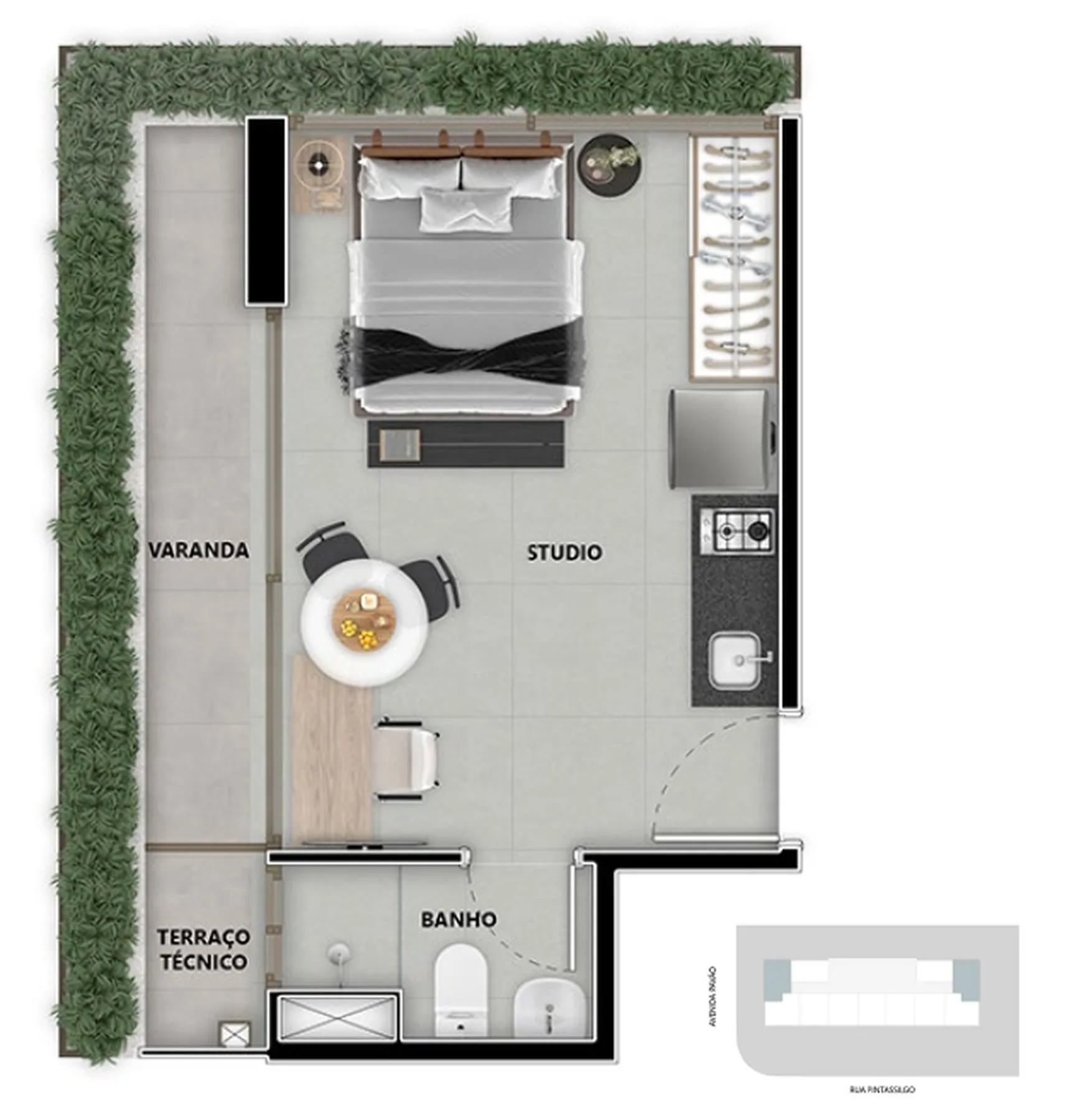 Planta do Pintassilgo 336 em Moema — studio de 32,88 m²