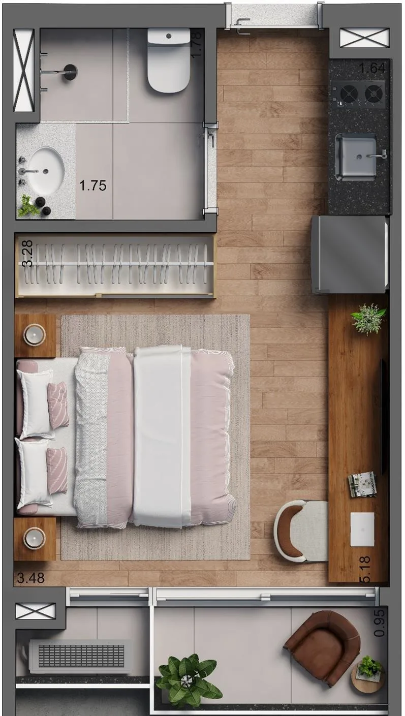Planta do PJM Single Living em Cerqueira César — 1 dormitório – 23 m² Studio