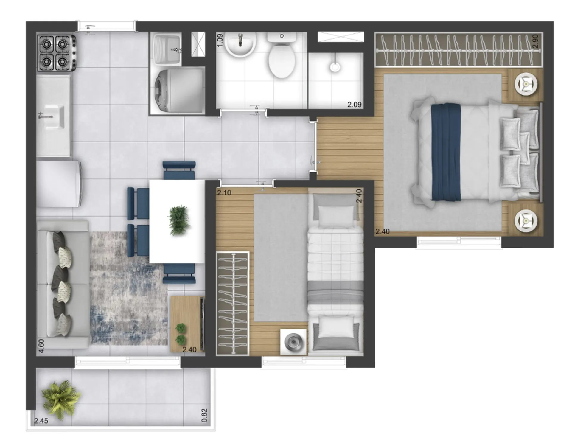 Planta do Plano&Bosque do Carmo Seringueira em Itaquera — 2 dorm. 34,77 m²