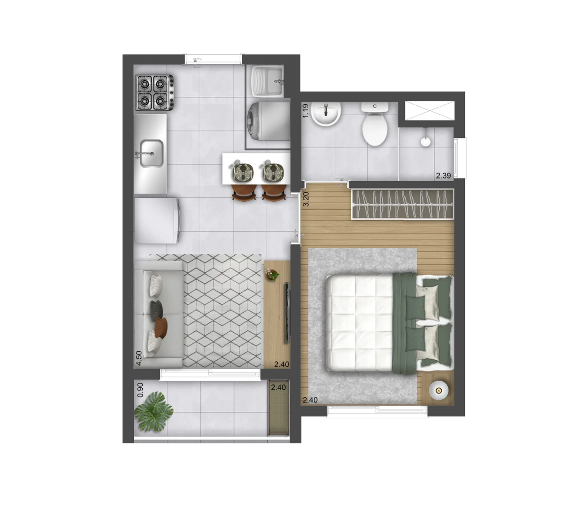Planta do Plano&Mais Butantã Fase 1 em Butantã — 1 dormitório, 27,38 m²