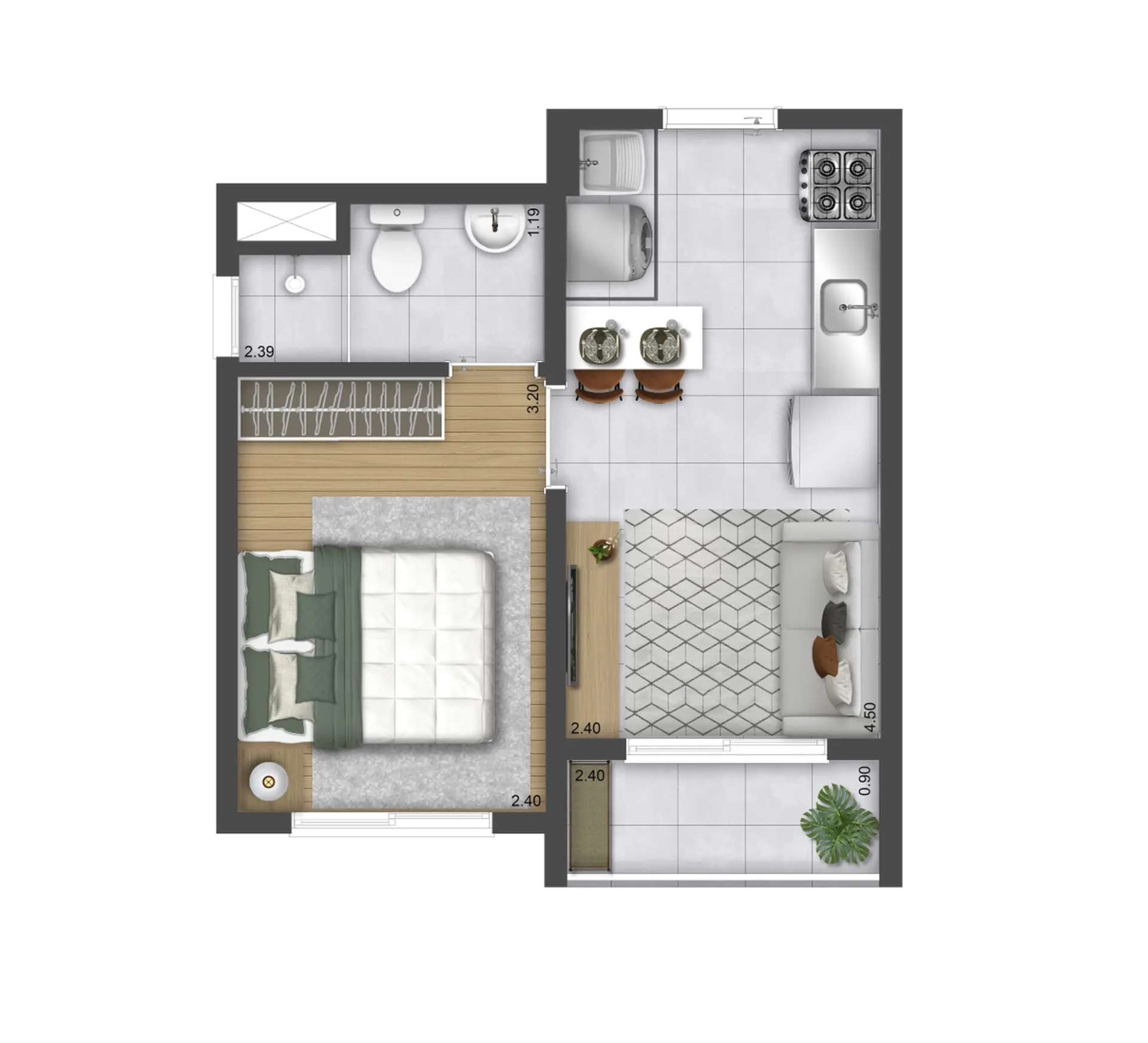 Planta do Plano&Mais Butantã Fase 1 em Butantã — 1 dormitório, 27,43 m²