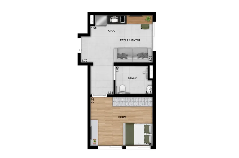 Planta do Praça Diálogo Patriarca em Cidade Patriarca — 1 dormitório – 40 m²