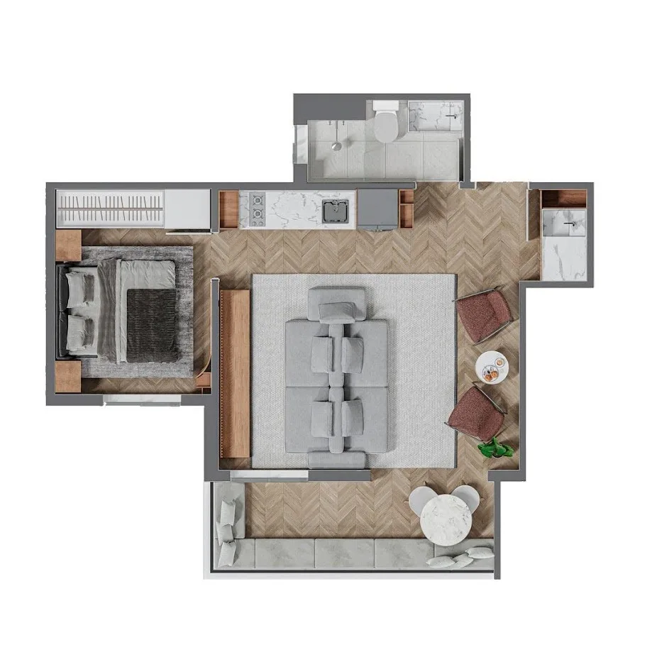 Planta do Praça Vigário em Saúde — 1 dormitório, 44 m² (opção)