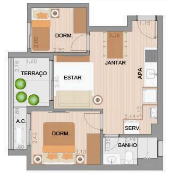 Planta do Praça Vigário em Saúde — 2 dormitórios, 45,30 m²
